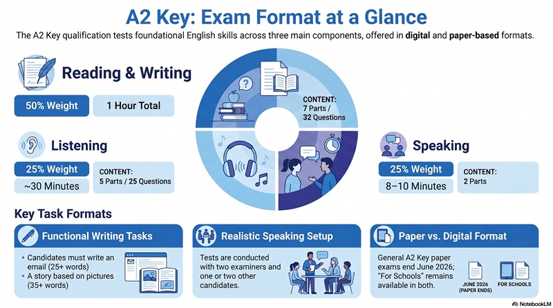 Infographic showing the structure and format of the A2 Key Cambridge exam