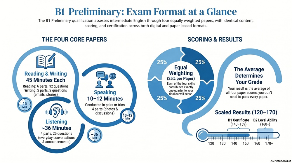 Infographic: B1 Preliminary (PET) Cambridge Exam format – reading, writing, listening, speaking sections and scoring