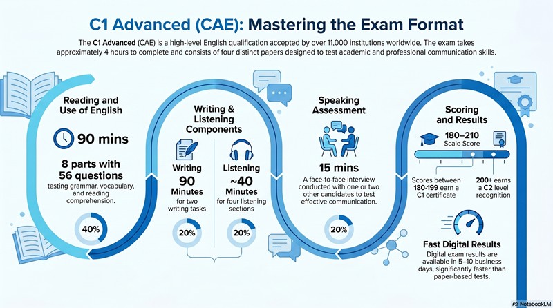 C1 Advanced Cambridge exam format and overview infographic